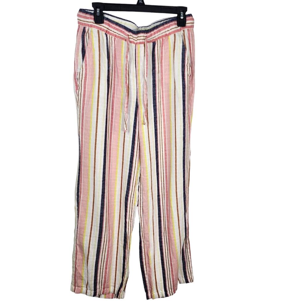 Old Navy Womens Pants Small Linen Blend High Rise Wide Leg Multi Stripe Pull On
